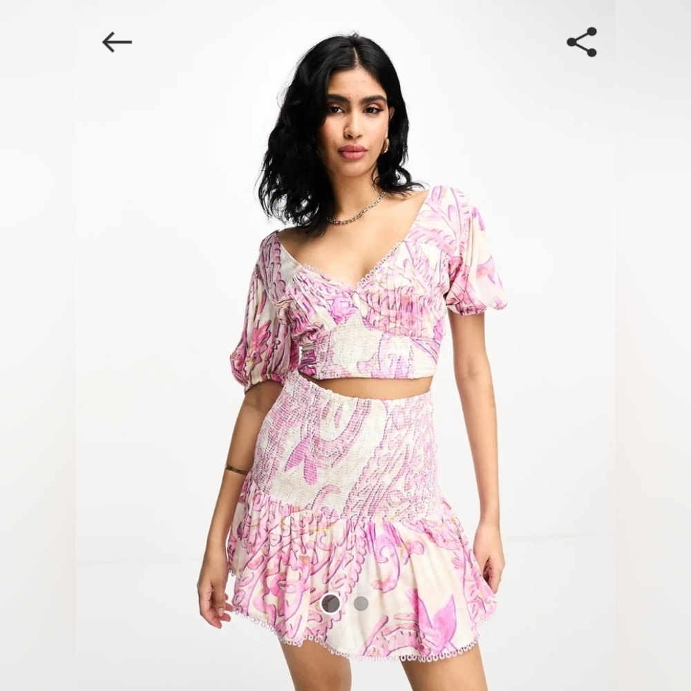 RIVER ISLAND Pink Paisley Shirred Puff Sleeve Beach Top and Shirred Mini Skirt